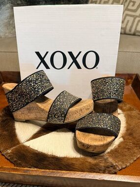 XOXO Black Cork Wedge Sandals with Sparkling Stud Detail